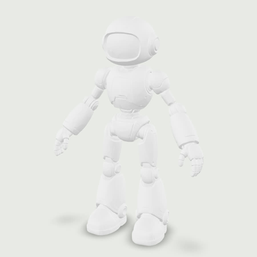 The Meshy model rendered as an untextured grey mesh: the robot with clean panel lines, separated fingers, and shaped boots