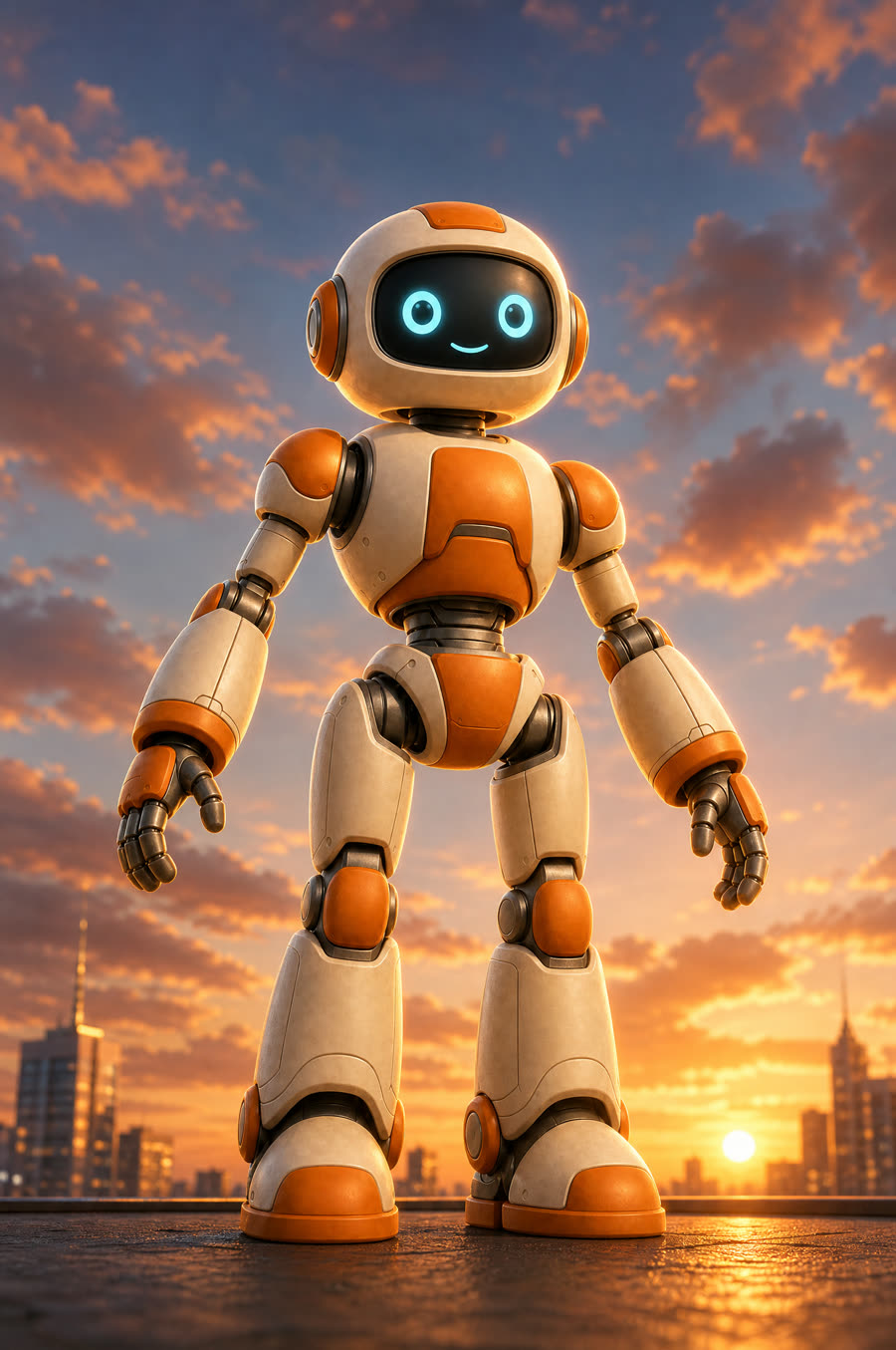 Vertical library art: the same robot standing heroically against a sunset sky, seen slightly from below