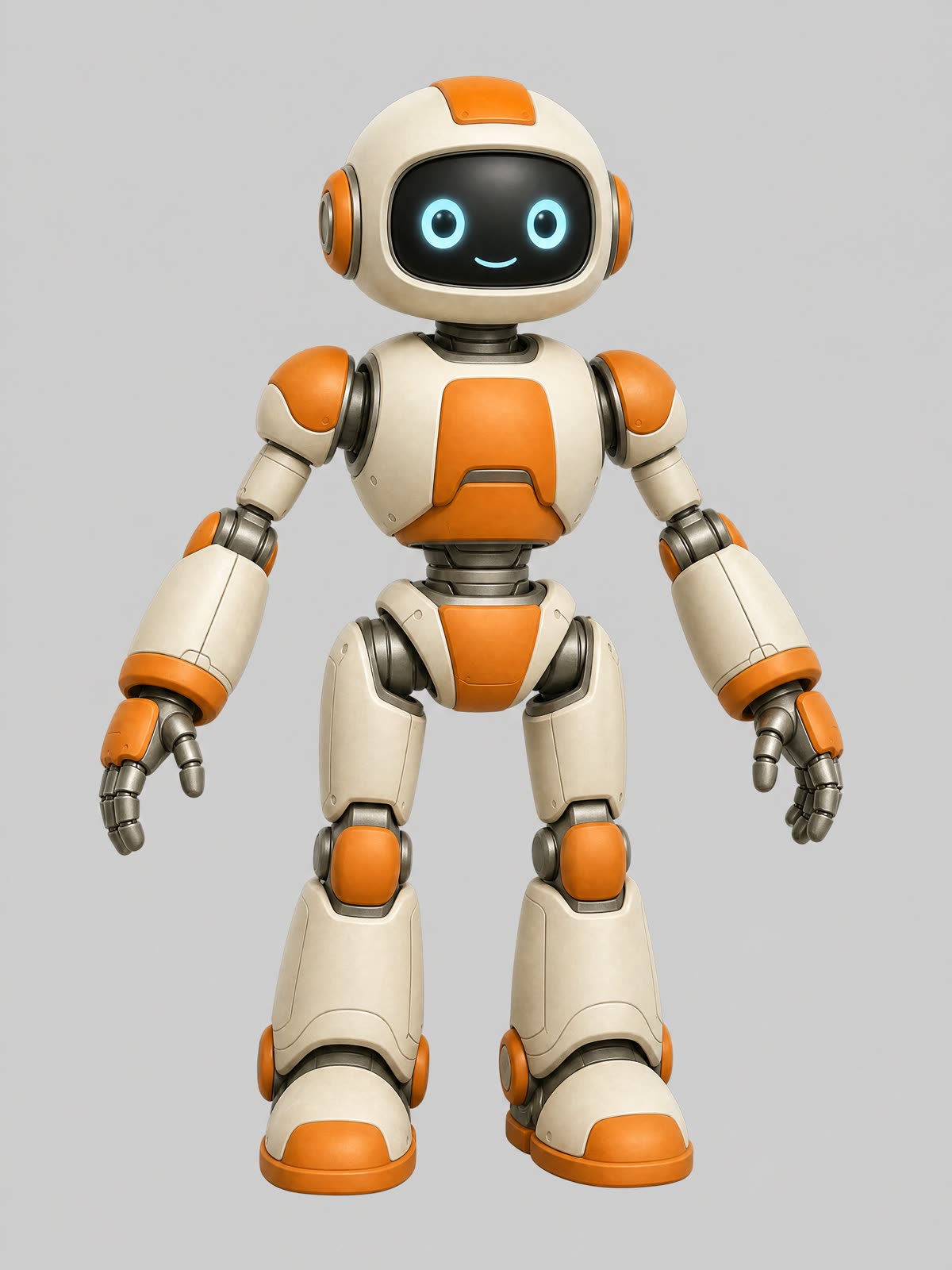 The generated character concept: an orange and off-white robot explorer standing in a neutral pose on a plain grey background